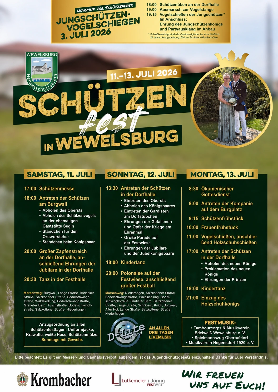 Plakat zum Jungschützen-Vogelschießen am 3. Juli 2026 und zum Schützenfest Wewelsburg vom 11. bis 13. Juli 2026